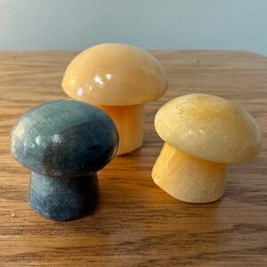 Vintage Carved Stone Blue and Yellow Mushroom Decor Set